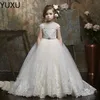 2022 Cheap White Flower Girls Dresses for Wedding Lace Applique Ruffles Kids Formal Wear Sleeveless Custom Made Long Beach Girls Pageant Gown