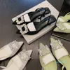 Summer Women Crystal Pumps Elegant Kitten klackar Bröllopsskor Pekade tå Hög Slingback -tyg strass sandaler