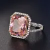 s925 zilveren ringen roze vierkante diamanten kunstmatige high carbon rechthoekige afgeschuinde auto platte ring diamanten ring
