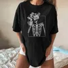 Harajuku Drop Shoulder T-shirt Women Tea-drinking Skull Skeleton Funny Tee Half Plus Size Hip Hop Summer Punk Clothes 220801