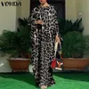 여성 Kaftan 드레스 Vonda 여름 빈티지 표범 프린트 파티 Long Maxi 캐주얼 슬리브 주름 로브 비치 멍청이 220521