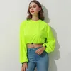 Felpe con cappuccio da donna Felpe Autunno Neon Green Manica lunga O-Collo Crop Top Lady Solid Streetwear Fondo allentato Pullover con coulisse 2022Wome