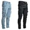 Men's Jeans Side Pocket Small Leg Skinny Pencil Black Sky Blue Pants Solid Denim Men Trousers