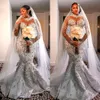 Saudiarabien Crystal Mermaid Wedding Dress Illusion High Neck Long Sleeve Plus Size Size Brudklänningar Pärlor Brudrockar DE