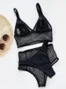 Kvinnors badkläder Mesh Three Pieces Suits Black Sexy Brasilian Bikini Set High midje baddräkt Kvinnor Push Up Bathing Suit 2022 Biquinis