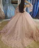 روعة الفساتين الوردي الفاتح الفاتح quinceanera جونيورز الفتيات v-neck حفلة حفلة موسيقية كرات الدانتيل الدانتيل إسقاط الأكمام الطويلة الحلو 16 فستان Vestidos de 15 Anos