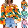 Vår sommarkvinnor blus slips färgning frill trim lantern hylsa topp 2022 femme colorblock off axel blus lady kläder tunika l220705