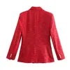 Damenanzüge Blazer Frauen Roter Tweed Strukturierter Zweireiher-Blazer Vintage Kerbkragen Langarmjacke Mäntel Bürodame Oberbekleidung