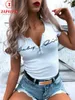 Sexiga kvinnor Summer Letter Print Tshirts Patchwork Design Zipper Decor Oneck Kort ärm Lady Casual Slim Pullovers Top 220527