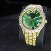 Missfox Luxury Brand Watch Man's Green Round Dial Men Gold Watch Big Diamnd Bezel Kalender Stainls Steel Top Watch Male