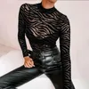 Kvinnors tvåbitar byxor Lastylisher Sexig Mesh Stripe Print Women bodysuit långärmad hålig nacke se genom bodysuits Black Elastic Ladies R