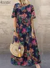 ZANZEA Bohemian Holiday Sundress Summer Women Vintage Floral Printed Short Sleeve Beach Dress Loose Long Vestido Robe Femme 220611