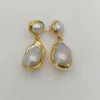 White Keshi Gold color Plated Stud Earrings Nucleated Flameball Baroque Pearl earrings luxury wedding for women
