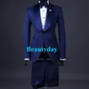 Smoking da sposa blu Abito formale da uomo Slim Fit Scialle in raso Colletti con bavero Abiti da uomo Abito da sposo su misura Blazer per giacca da ballo e pantaloni con fiocco