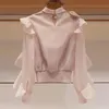 Women's Blouses & Shirts Summer Korean Long Sleeve Bow Neck Ruffles Shirt Sweet Perspective Chffion Elegant Slim Waist Ladies Cropped Tops B