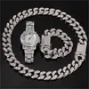 Hip Hop Rose Gold Chain Cuban Link Bracelet necklace Iced Out Quartz Watch woman and men Jewelry Set gift286g5874519