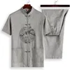 Abbigliamento etnico Cina Ricamo # 4 Set tradizionale cinese Uomo Camicia estiva in lino con fibbia Tai Chi orientale Uniformi traspiranti