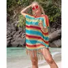 Kvinnors badkläder baddräkt omslag 2022 strandklänning Sommartunika simning för kvinnliga kappor Pareo Boho Knitting randig sexig ihålig