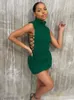 Stunning Stacked Mini Bodycon Party Dress Women Green Mock Neck Sleeveless Draw String Sexy Night Clubwear Female Skirt 220418