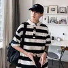 Korea Harajuku Fashion Men's Striped Polot Short-Sleeved T-Shirt Japanese Streetwear Couple Aesthetic y2k Color Matching Clothes Y220426