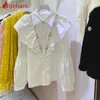 Damenblusen, Hemden, modisch, lässig, weißes Hemd, Oberteil, Damen, Revers, Laternenärmel, solide Luxus-Strasssteine, gerüscht, koreanisches High-End-All-Match