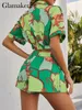 Pantaloncini con stampa Glamaker Spring green Leaf si adattano a top camicetta crop top street e set corti A-line Set sexy da spiaggia 220421