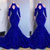 2022 Sexy Bling Royal Blue Paillettes Cristal Pageant Paillettes Robes De Bal Manches Longues Sirène Keyhole Robes De Soirée Élégant Hors Épaule Femmes Robe Formelle C0417