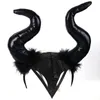 Hoofdbanden Halloween Witch Black Long Ox Horn Headband Film Demon Evil Queen Glitter Hair Hoop Gothic Cosplay Cosplay Accessory Headpiece 220826