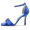 Sandalet Yüksek Topuk Düğün Ayakkabıları Kadınlar Kare Ayak Ayak Bileği Toka Kayışı Satin Kristal