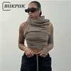 Biikpiikパイルカラーバックレスストリートウェア女性Tシャツワンスリーブフード付きヴィンテージソリッドクロップトップスリムカジュアルファッション服220408