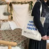 Aftonväskor Kvinnor Kanfas Shoppingväska Ungdomsbrev Skriv ut Kvinnlig bomullstyg Axel Eco Handväska Tote Reusable Grocery Shopper