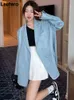 Lautaro Spring Autumn Blue Overdized Soft Leather Blazer Jacka Woman With Back Slit Long Sleeve Luxury Designer Outerwear 2022 L220801