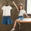 2022 Girls Clothing Sets Summer Fashion T-shirt e shorts Conjuntos 4 8 12 12 anos Crianças de roupas infantis Crianças de jeans G220509