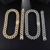 Zinc Alloy Iced Out Diamond 19mm 2 Row Prong Cuban Chain Bracelet Necklace Icy Hip Hop Jewelry Set for Men Women Rapper