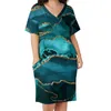 Plus Size Dresses Marble Art Dress Aqua And Metallic Gold Texture Korean Fashion Casual Women Holiday V Neck Trendy DressesPlus