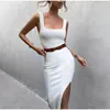 Casual Dresses Women's Backless Split Dress Bodycon Square Collar Solid Slim Sexig Lady Summer Fashion All-Match Female Vestidos