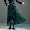 Summer Discolor Shine Gradient Pleated Long Gauze Skirt Metallic A-line Elegant Purple Green Maxi Mesh Skirts 220322