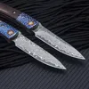 1PCS R7802 DAMASCUS Pocket Folder Knife VG10 Damascuss Steel Blade Livewood / Ebony ze stali uchwyt głowicy EDC Noże ze skórzaną osłoną