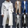 Trench Coats masculinos Mens Notch Lapel Coats Double Breasted Long Trench Coat Casual Mistura de Algodão Peacoat Moda Outono Inverno Casacos Soltos BFJV