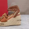 Designer sandals women shoe summer Fashion Buckle Strap weave Lafite grass Patchwork Genuine Leather High Heel Platform shoes sexy womens sandal