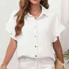 Vrouwen Summer Up Casual Fashion V Neck Rapel Rapel Single Breasted Button Kort Mouw White Chiffon Shirt Elegant Woman Office Top L220705