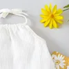 Kläduppsättningar födda babyflicka sommarkläder set massiv ribbad ärmlös halter hals romper blommig tryck elastisk midja flare byxor suitclothi