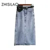 Long Denim Skirt Women Vintage High Wasit Jeans Skirt with Belt Plus Size Straight Aline Pencil Skirt Elegant Summer Chic T200324