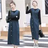 İlkbahar Yaz Denim Elbiseler Kadınlar V yaka gündelik uzun kot pantolon Kore tarzı zarif midi-calf vestidos 220504