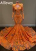 Vintage orange prom klänningar med långa ärmar se genom spets hög krage sjöjungfrun kväll formella klänningar kvinnor plus storlek arabiska aso ebi vestidos de festa cl0161