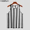 Inderun Men Mesh Tank Tops Striped Transpare Seksowne kamizelki O Bez rękawów Bez rękawów oddychanie letnie topy S5XL 220614