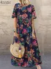 ZANZEA Bohemian Holiday Sundress Summer Women Vintage Floral Printed Short Sleeve Beach Dress Loose Long Vestido Robe Femme 220705