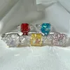 Top Quality 925 sterling silver luxurious jewelry rings 8A ice flowers zirconia designer ring for woman square Pink Blue White Dia2992