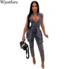 Wjustforu Sexy Bandage Denim Jumpsuit Femmes Mode Ripped Club Jeans Jumpsuit Femme Zipper Packet Tight Body Vestidos T200509