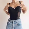 Sehen Sie durch Mesh gepatchte Y2K schwarze Camis Frauen Gothic Sommer ärmellose V-Ausschnitt Kawaii rosa Schleife Sexy Cami Top weiblich 210326